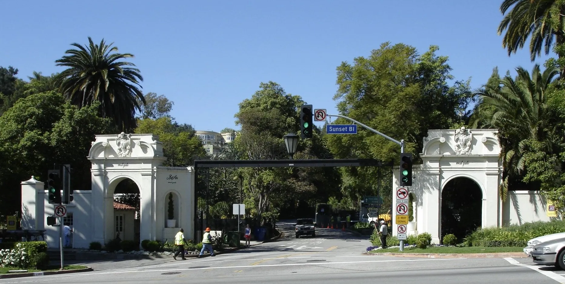 the Bel Air West Gate on Sunset Boulevard, Bel Air, CA